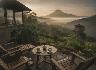 Two wooden chairs and coffee on the patio, with Volcán Barú in the morning mist