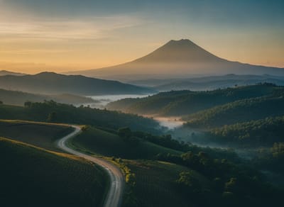 A road winding through green hills toward Volcán Barú at sunrise